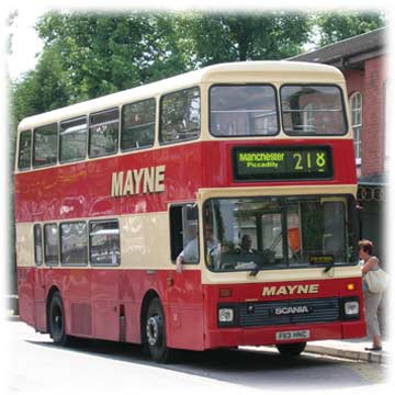 F-reg Mayne of Manchester Scania double decker outside the grounds of Tameside Hospital.